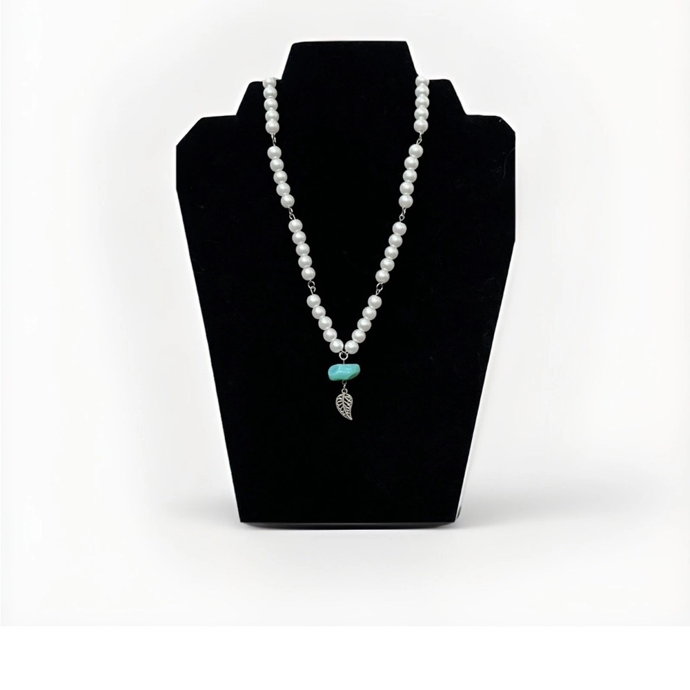 Faux Pearl Bead Necklace With Leaf Charm Artisan Handmade Beaded Necklace
